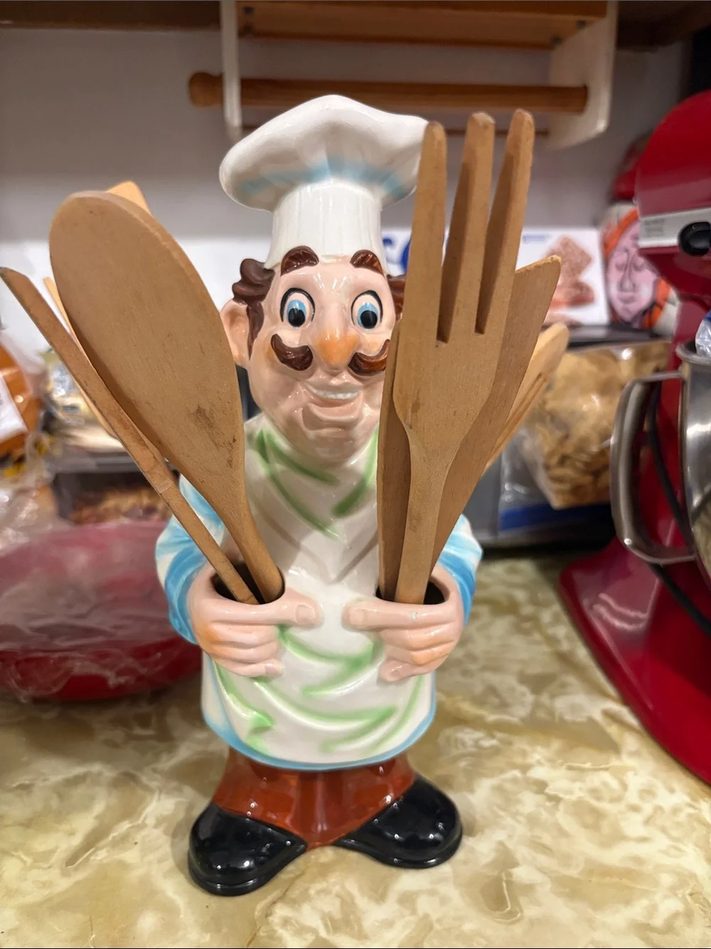 Chef Utensil Holder - White & Blue Ceramic Kitchen Chef